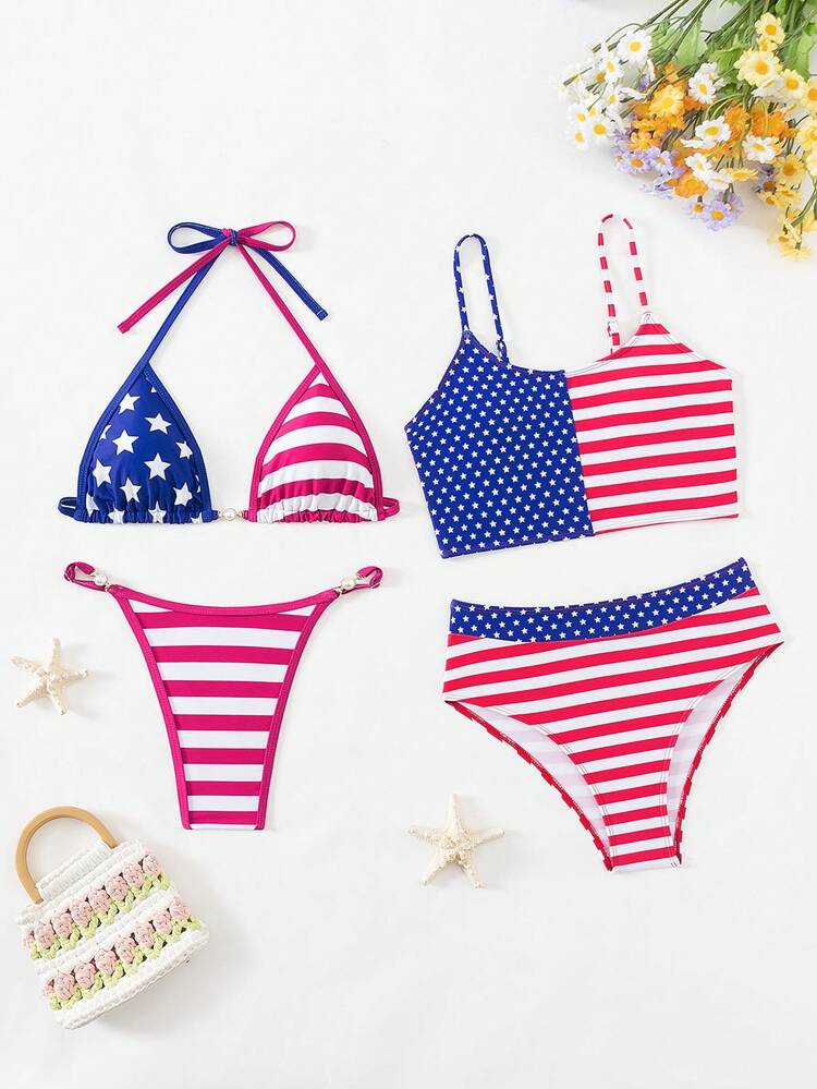 Women's USA Flag Printed Bra & Bikini Bottom Set 4th Of July Bikini Set For Summer Beach