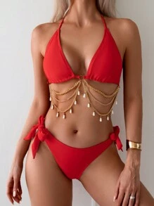 SHEIN Swim 2pcs Women Summer Beach Vacation Metal Chain Pendant Strap Red Bikini Swimwear Set, Split Swimwear - Red - View 3