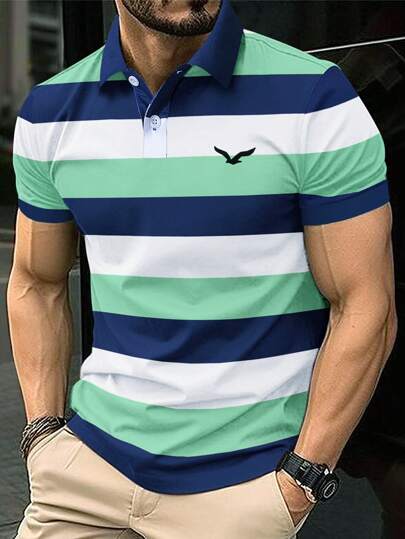 Manfinity Homme 男士夏季鷹紋條紋短袖限量版Polo衫(隨機裁剪)，休閒工作兩用