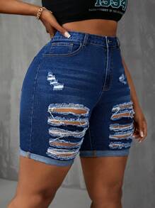 SHEIN SXY Shorts de motores elasticados ajustados y desgastados en tallas grandes