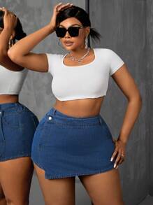 Slaydiva Plus Size Women's Denim Asymmetrical Skort, Comfortable And Casual - Blue - View 2