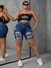 SHEIN SXY Shorts de motores elasticados ajustados y desgastados en tallas grandes