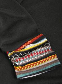 EMERY ROSE 大码女式长袖连帽几何印花拼接休闲T恤，春夏图案T恤女式上衣 - 黑色 - 查看 5