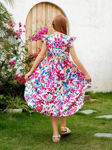 SHEIN Girls' Vacation Short Front Long Back Printed Dress - Multicolor - View 4