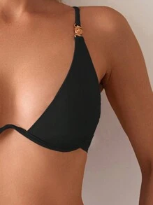 SHEIN Swim Einteiliger Bikini Set Einfarbig für Frauen, sexy und geeignet für Strand im Sommer, schwarz mit Unterstützung durch Bügel