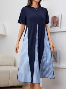 Solavon Women's Round Neck Striped Print Colorblock Short Sleeve Summer Dress - Navy Blue - View 3