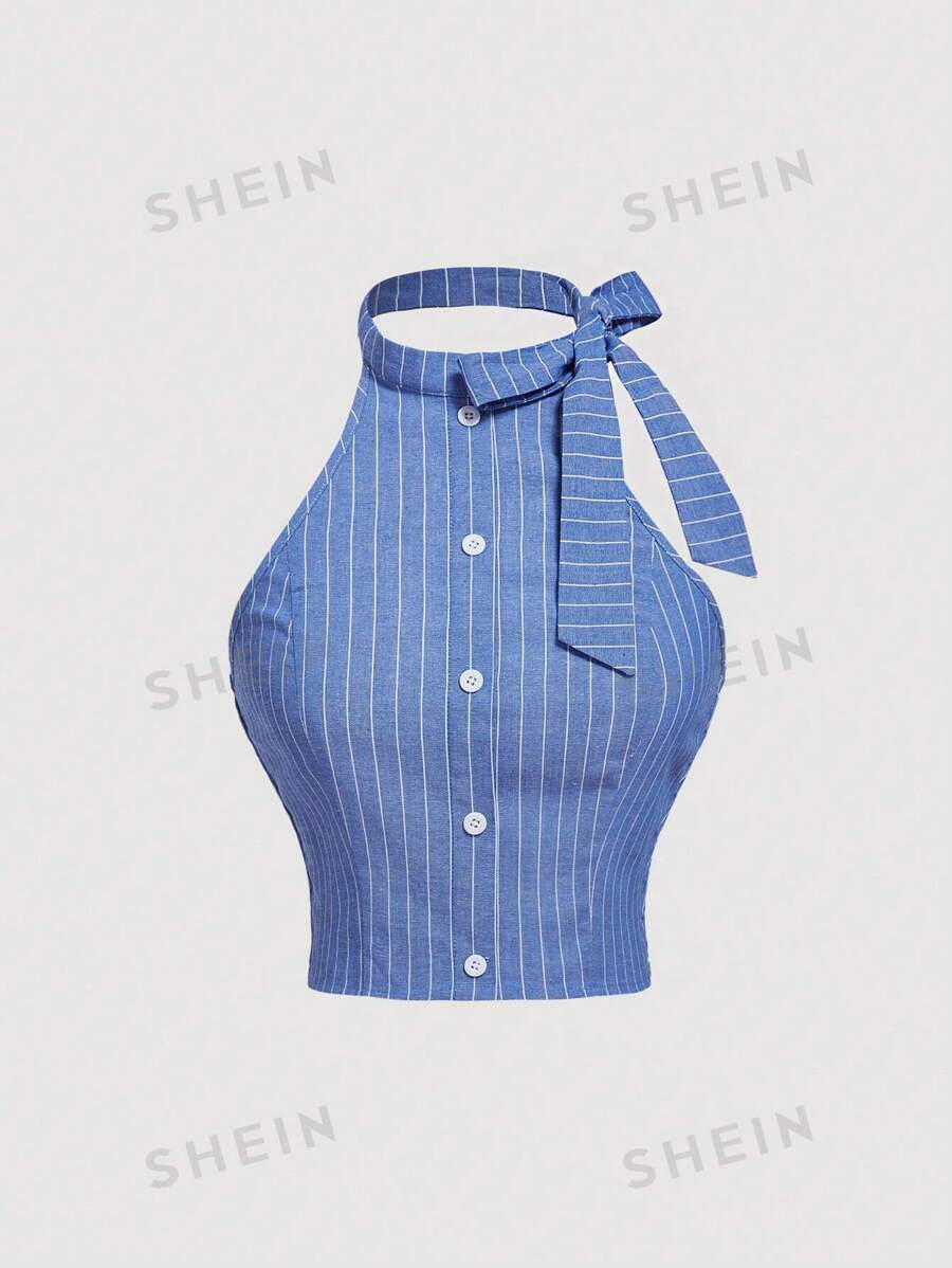 SHEIN MOD Blau fein gestreiftes Strickfliege Frauen Top mit Riemen, sexy Frauen Top, Business Lässig Top, Schulanfang Kleidung - Blau - Übersicht 1