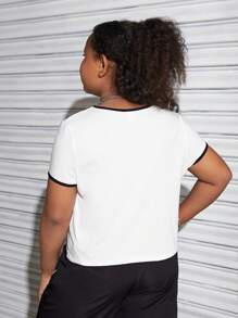 SHEIN 兒童女孩擴大尺寸鬆身休閒圓領彩色拼接星星印花T恤 - 白色 - 查看 2