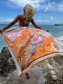 SHEIN Swim Summer Beach Floral Print Knot Side Cover Up Skirt