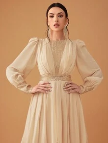 YISIKADO Women's Elegant Chiffon Sequined Lantern Sleeve Party Dress Long Sleeve Formal Evening Prom Wedding Guest Gown, For Graduation, Dinner - Champagne - View 5