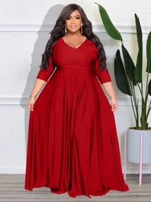 Vestido largo y elegante con cuello cruzado para mujer de talla grande, color rojo primaveral - Rojo - Ver 6