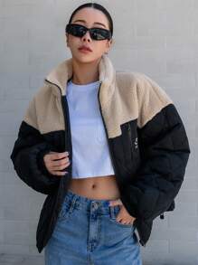 DAZY Women's Casual Colorblock Stand Collar Padded Coat, Winter ,Winter Women Clothes,Winter Coat Women
