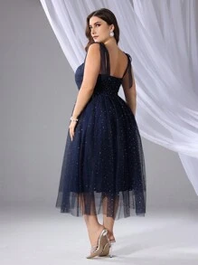 SHEIN Belle 加大码优雅无袖网眼连衣裙，配有厚肩带，适合女士晚会（重型）、婚礼嘉宾/场合/仪式/晚会舞会半正式礼服、生日、毕业典礼、返校节 - 藏蓝色 - 查看 2