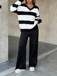RueChic Two Tone Drop Shoulder Sweater & Knit Pants - Black and White - View 5