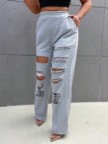 Zolique 女士夏季寬鬆休閒破洞長褲 - 灰色 - 查看 4