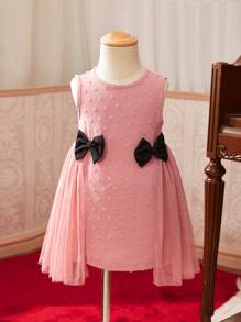 SHEIN Ärmelloses Rundhalsausschnitt Kleid mit Mesh-Splice für Baby Mädchen mit wunderschöner Schleifenverzierung