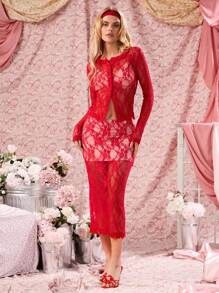 COSMINA 女式優雅花邊膝長筆裙 - 紅色 - 查看 5