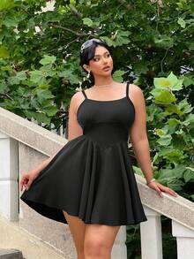 POPSWAY Plus Size Summer Casual Waist Drawstring Sling Dress - Black - View 3