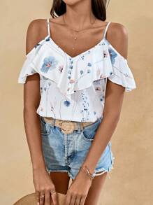 SHEIN Frenchy Women's Floral Print Holiday Ruffle Blouse With Ruffle Trim