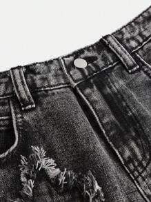 SHEIN Girlism Tween Girl Cute Star Pattern Water-Washed Straight Jeans - Black - View 3