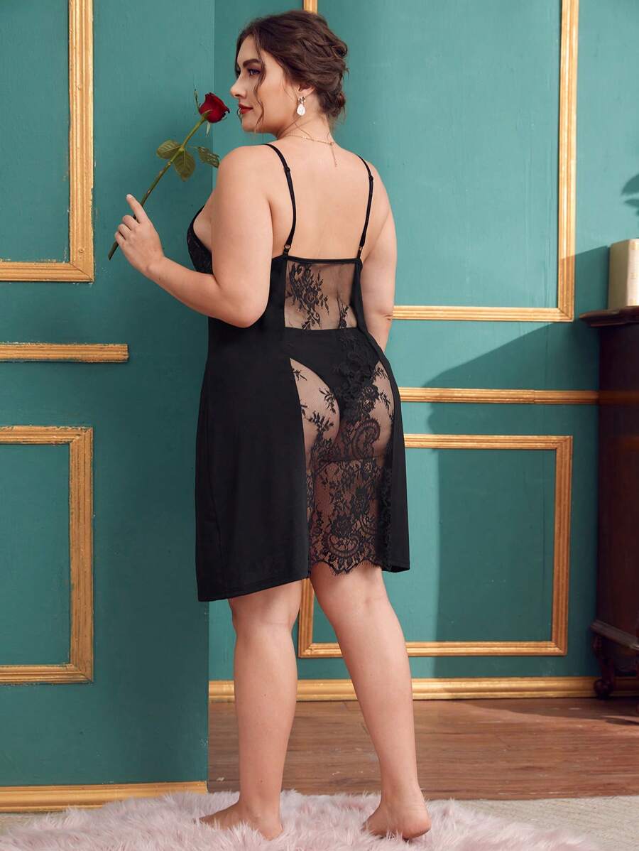 加大对比色蕾丝吊带睡衣睡裙 - 黑色 - 查看 1