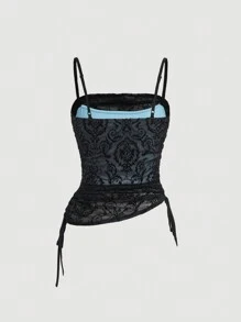 SHEIN MOD Women's Solid Color Asymmetrical Hem Cami Top With Drawstring Sides, Summer - Blue - View 2