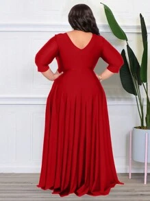 Vestido largo y elegante con cuello cruzado para mujer de talla grande, color rojo primaveral - Rojo - Ver 4