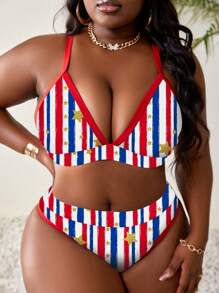 SHEIN Swim Curve 加大码夏季海滩条纹和星形美国国旗印花比基尼套装，7 月 4 日 - 彩色 - 查看 7