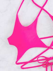 SHEIN Swim Set bikini incrociato a tracolla e halter in tinta unita per la spiaggia estiva delle donne - Fucsia - Visualizzare 6