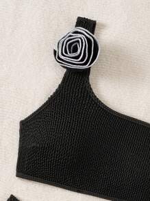 Swim Vcay Women's Summer Beach Solid Color 3D Flower Decor One Shoulder Sexy Bikini Set - Black - View 4