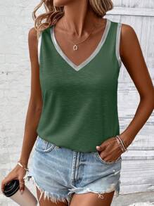 INAWLY Maglietta senza maniche casual da donna con scollo a V e design in tessuto effetto patchwork di colore solido per la primavera / estate