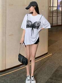 DAZY Camiseta de tirantes holgada de verano para mujer con cuello redondo impreso y mangas caídas, camiseta grande con estampado gráfico