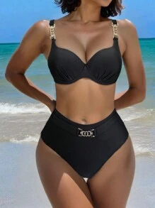 Swim Lushoire Women's Solid Color Pleated Sexy Bikini Set For Summer Beach, With PUSH UP And Underwire