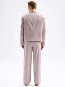 Manfinity VCAY 2 chiếc áo khoác blazer dáng rộng dệt kim dài tay thông thường cho nam có eo đàn hồi và thắt lưng dây rút, Bộ quần ống đứng thường ngày, thích hợp cho mùa xuân thu - Hồng - Xem 2