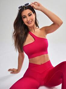 Core Rhythm Solid Color Asymmetric Neckline Vest And Long Pants Seamless Sports Set, Workout Women Set