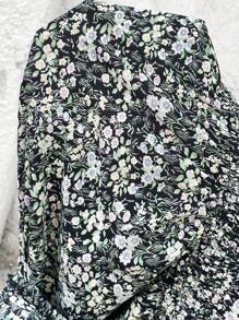 SHEIN VCAY Plus Size Vacation Style Long Floral Dress With Bubble Sleeves And Cinched Waist - Black - View 7