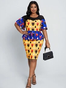 SHEIN Lady 大尺碼復古拼色短袖上衣+包身裙套組，夏日假期休閒服裝 - 彩色 - 查看 6