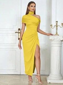 Retro Sexy Simple Off-The-Shoulder Slim Dress Woman - Yellow - View 3