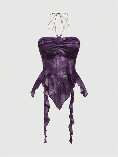 ROMWE Fairycore Women's Paisley Print Asymmetrical Hem Tank Top With Halter