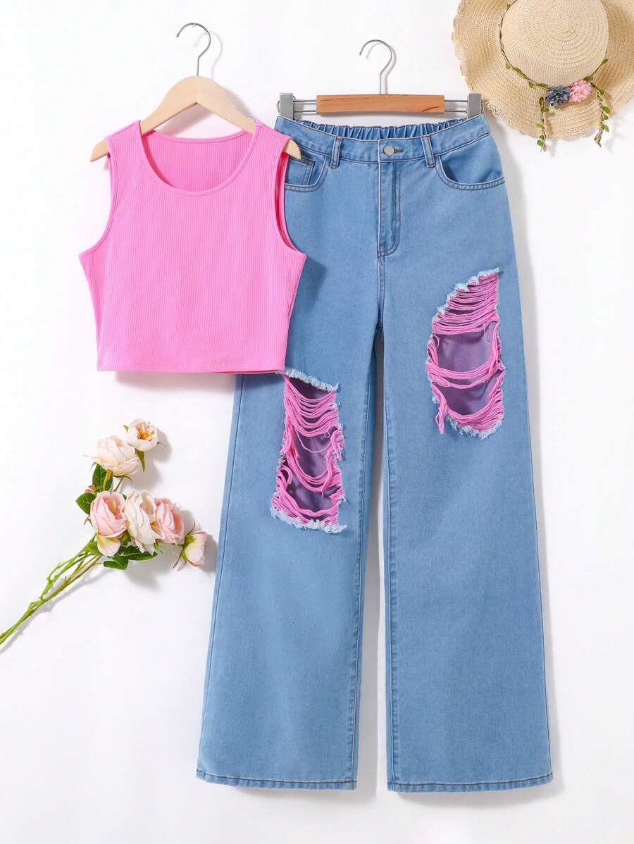 SHEIN Conjunto de ropa de verano para adolescente, Y2K, lindo y moderno, que incluye chaleco de color rosa corto y holgado y pantalones vaqueros rasgados de pierna recta. (Equipo de ropa de verano para chicas) - Multicolor - Ver 1
