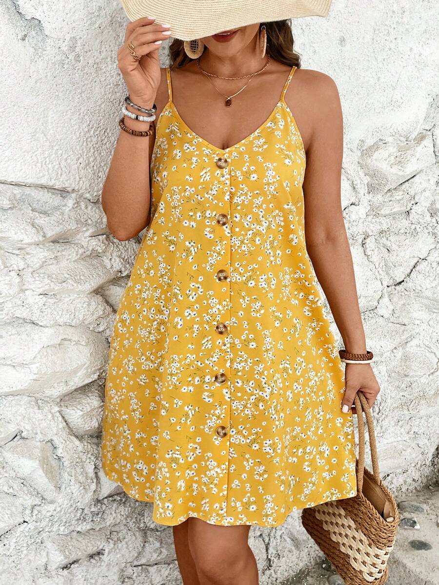 SHEIN VCAY Plus Size Vacation Spaghetti Strap Summer Boho Dress,Beach Dress Sundress,Holiday Outfits - Yellow - View 1