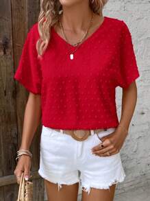 SHEIN LUNE Women's Plain And Simple Short Sleeve Daily Shirt,Short Sleeve Tops - Red - View 3