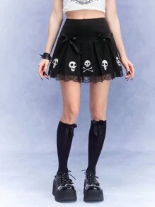 Corpse Bride | ROMWE 可爱学院风骷髅刺绣蝴蝶结装饰蕾丝边短款百褶裙女式，学校 - 黑色 - 查看 2