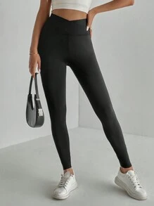 SHEIN Tall Quần áo mùa hè Quần legging cạp cao rắn - màu đen - Xem 4