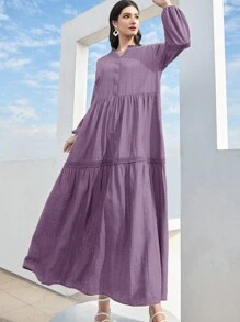 Mulvari 女士夏季休閒純色凹口領氣球袖長裙 - 紫色 - 查看 4