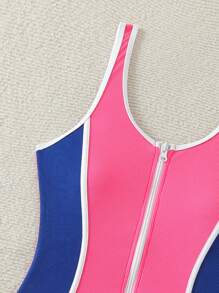 Swim SPRTY Women's Beach Vacation Color Block Zipper Halterneck Sleeveless Monokini Swimsuit Summer - Hot Pink - View 4
