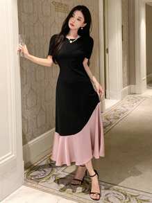 DAZY Color Block Round Neck Women's Short Sleeve Summer Dress,Ruffle - Black - View 1