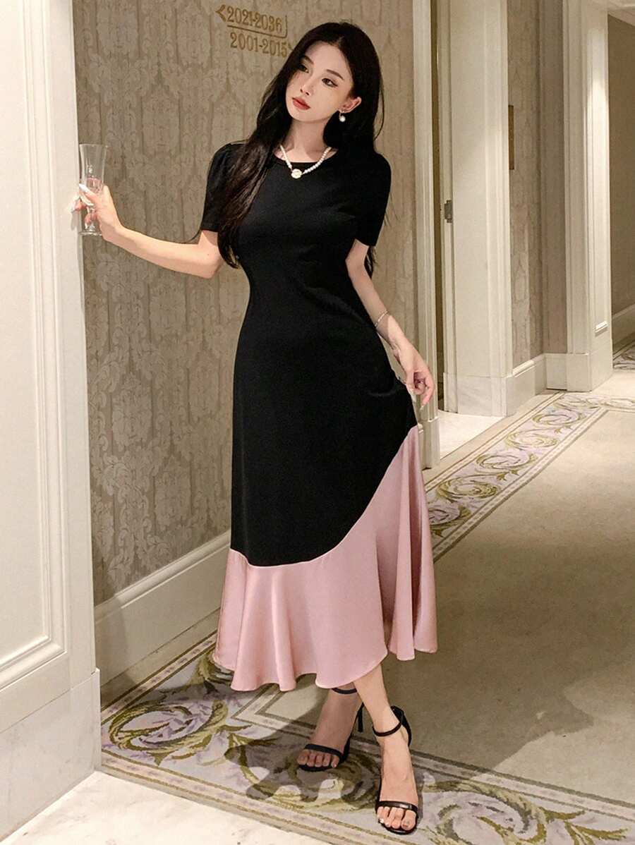 DAZY Color Block Round Neck Women's Short Sleeve Summer Dress,Ruffle - Black - View 1