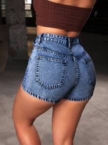 SHEIN SXY Váy denim thông thường có nút phía trước viền bất đối xứng dành cho nữ - Rửa tối - Xem 3