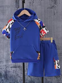 SHEIN トゥイーンボーイ夏のスローガンプリント ラグランスリーブ フーディー トップとカーゴショートスカジュアル2点セットアウトフィット - ブルー - チェックする 1